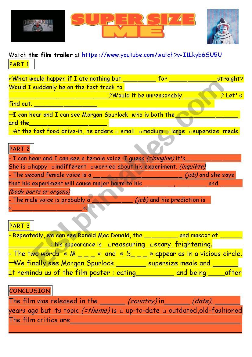 Super Size Me Film Trailer worksheet