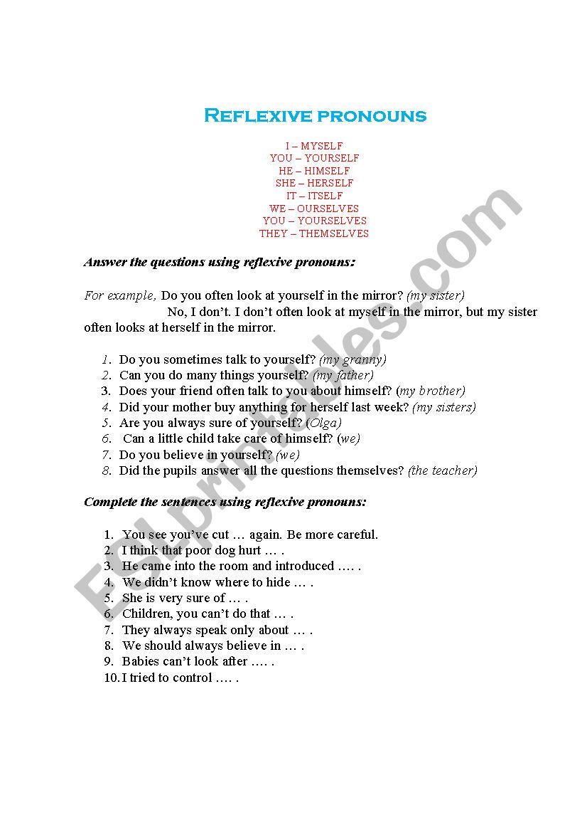 reflexive pronouns worksheet