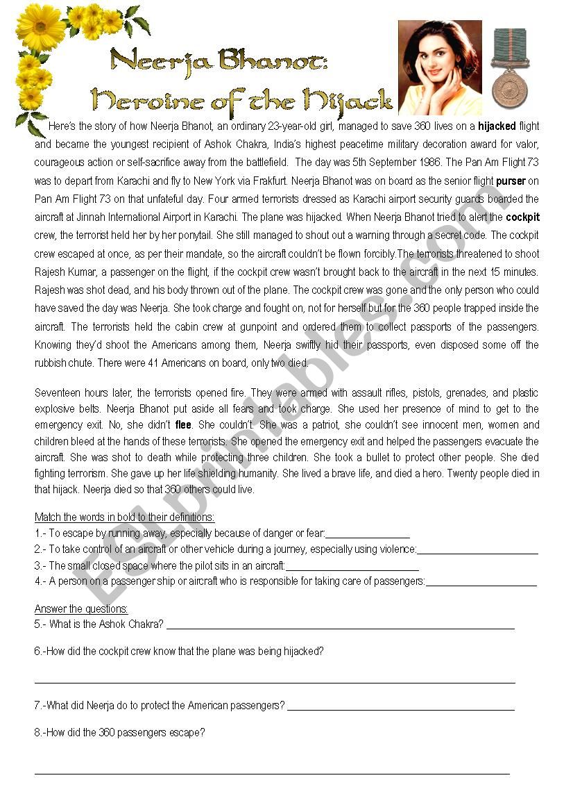 Neerja Bhanot Story worksheet