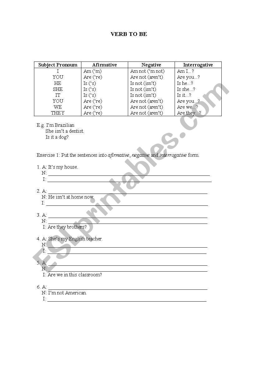 Verb to be worksheet