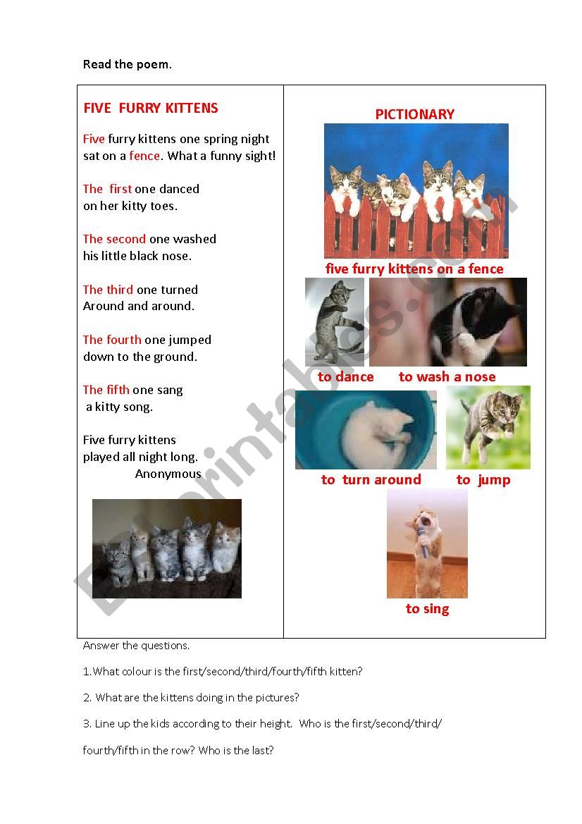 FIVE FURRY KITTENS (a poem) worksheet