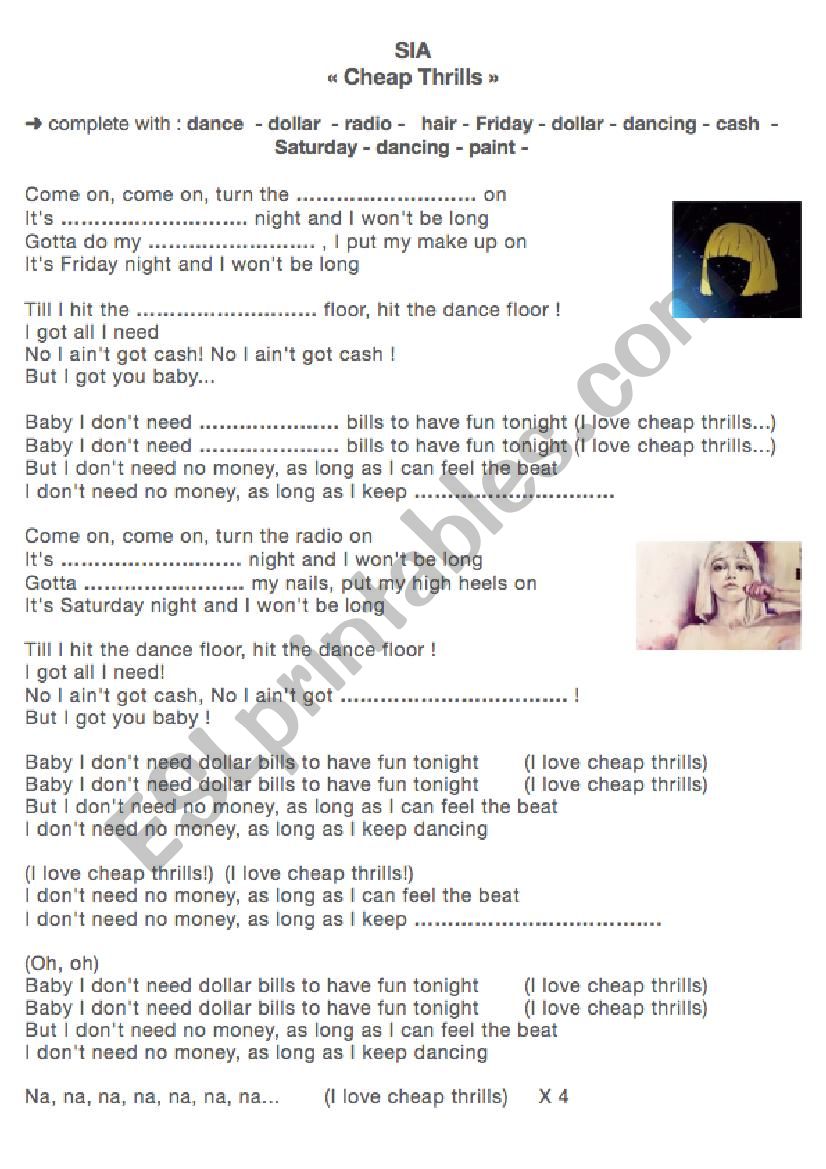 SIA - Cheap Thrills worksheet