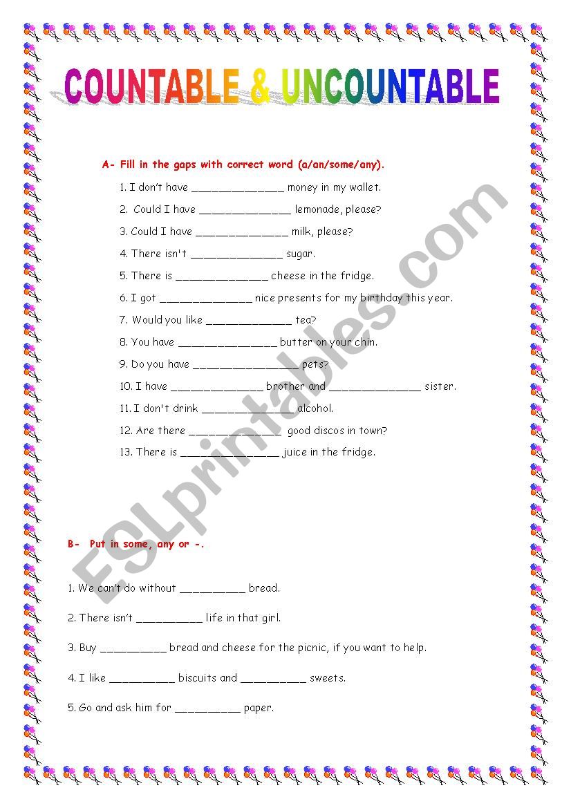 COUNTABLE & UNCOUNTABLE  worksheet