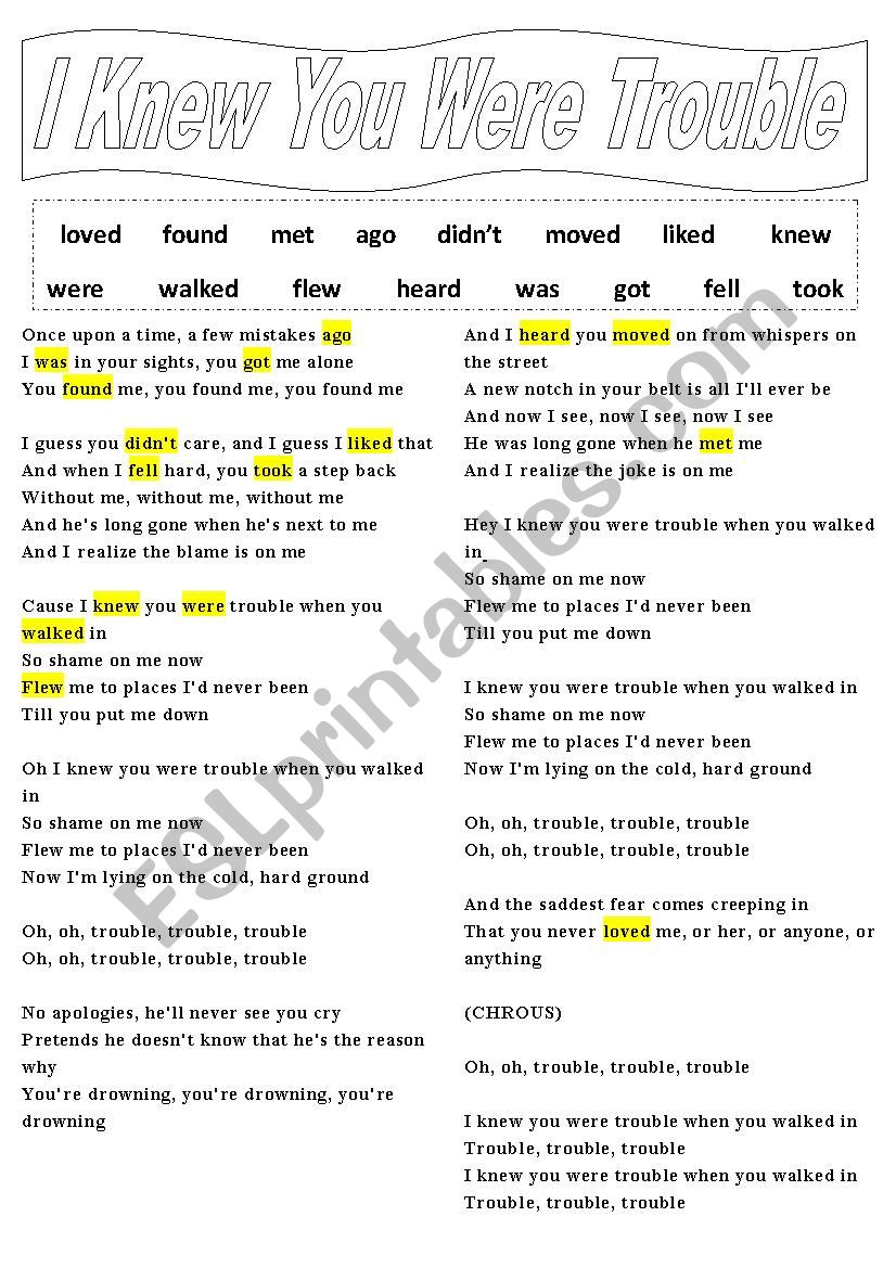 I Knew You Were Trouble worksheet