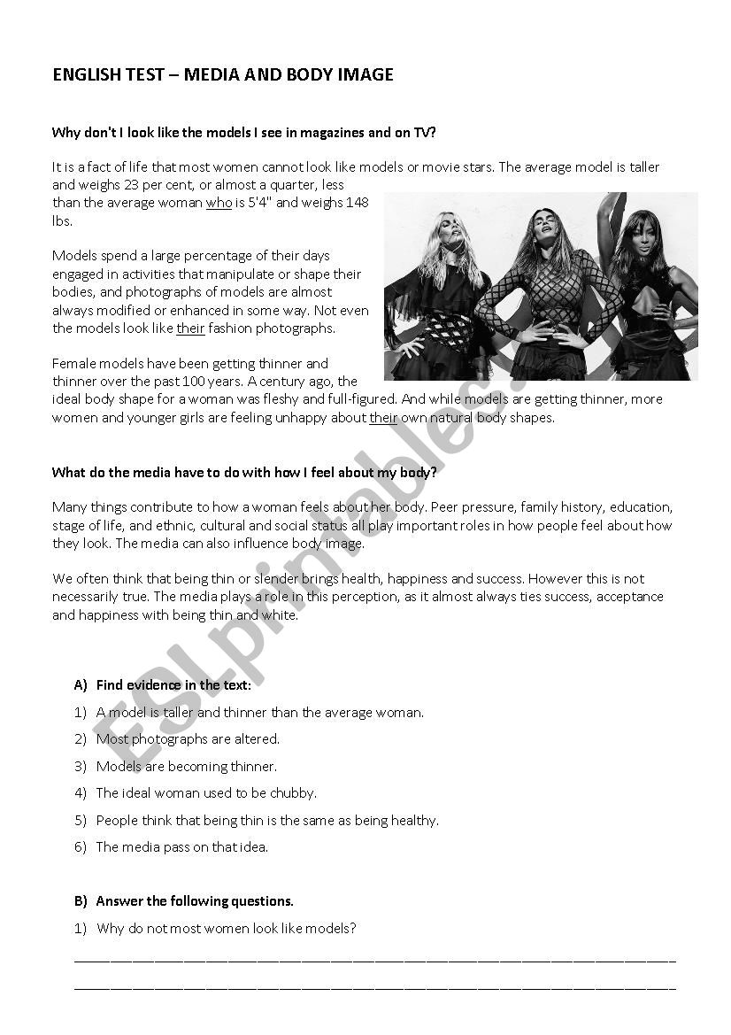 Media and Body Image worksheet