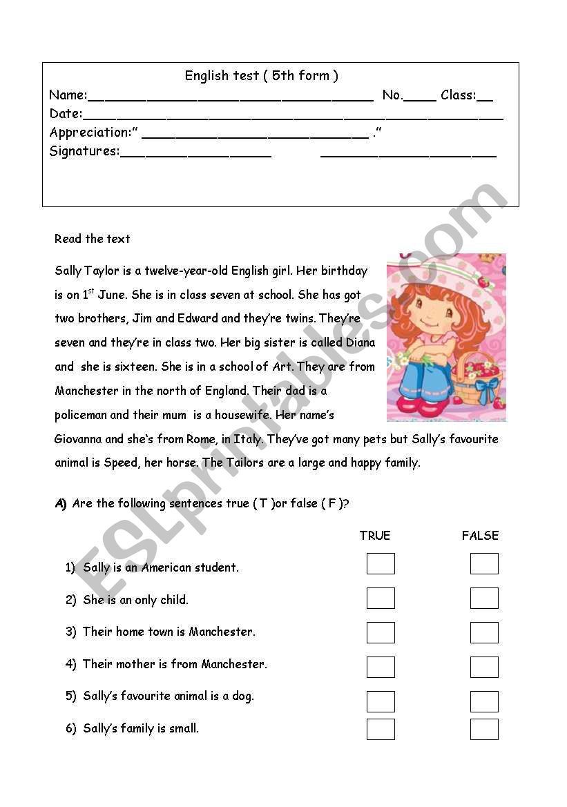 5th form evaluation test worksheet