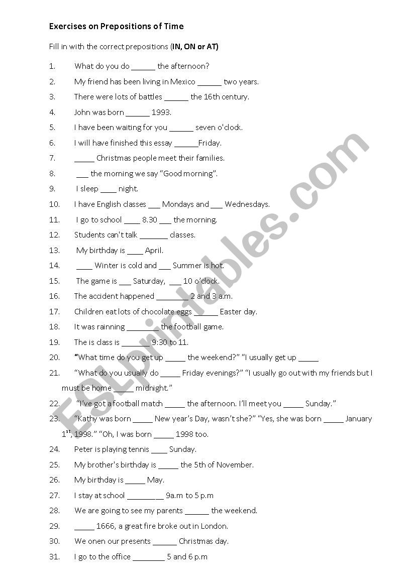 Prepositions of time worksheet