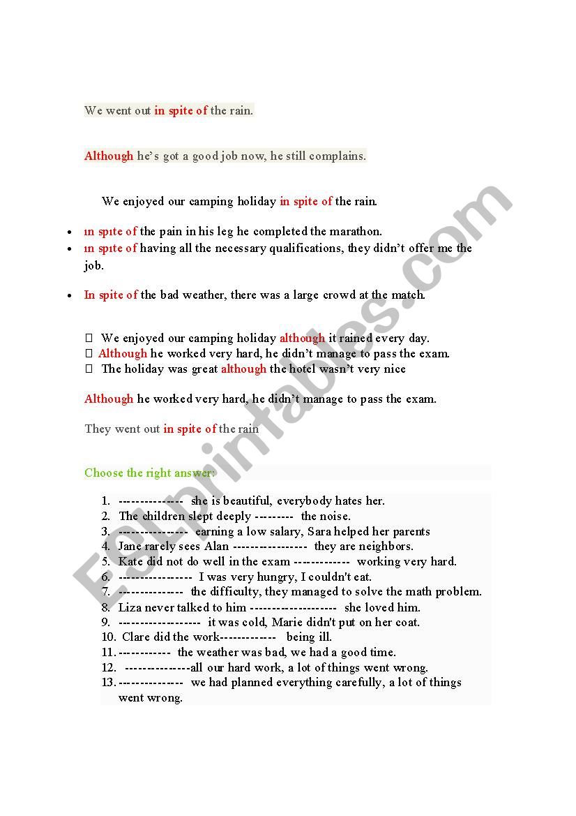 although , ưn spite of worksheet although , ưn spite of worksheet