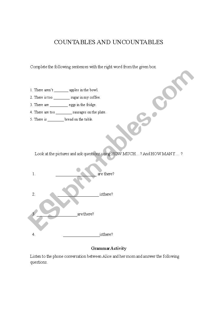 countables and uncontables worksheet