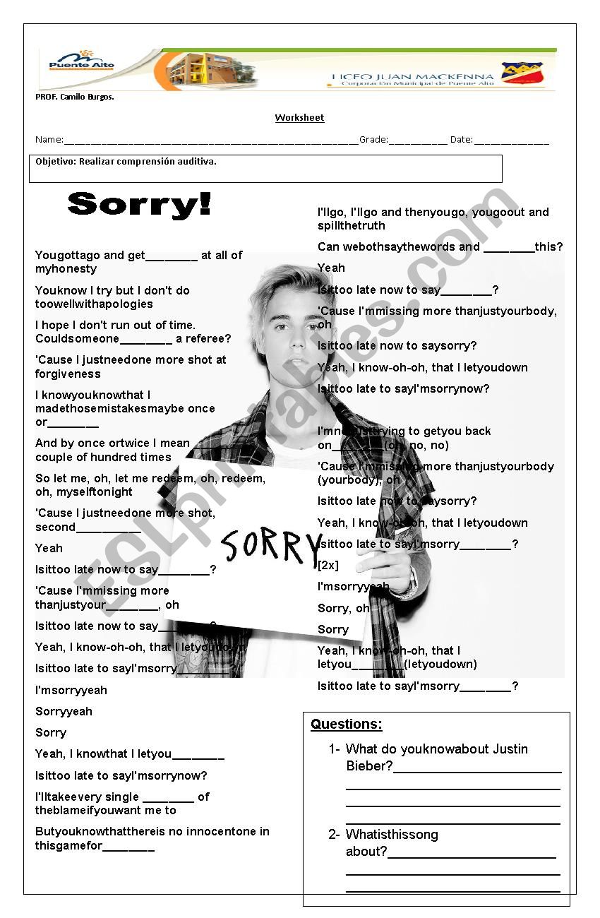 SONG WORKSHEET SORRY - JUSTIN BIEBER