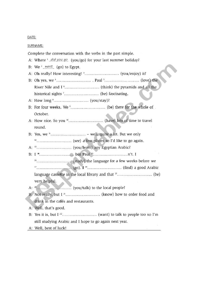 simple past test worksheet