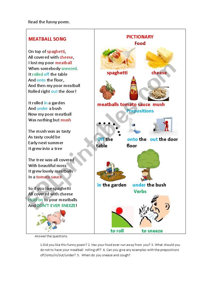 MEATBALL SONG (a poem) worksheet