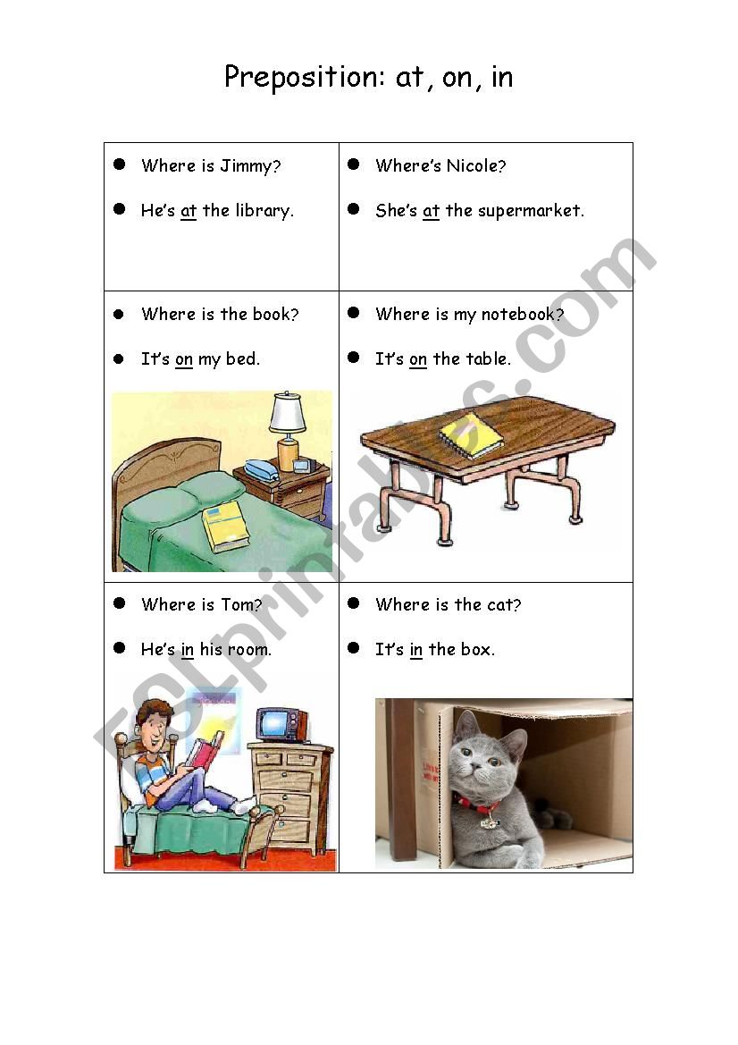 Preposition (at, on, in) worksheet