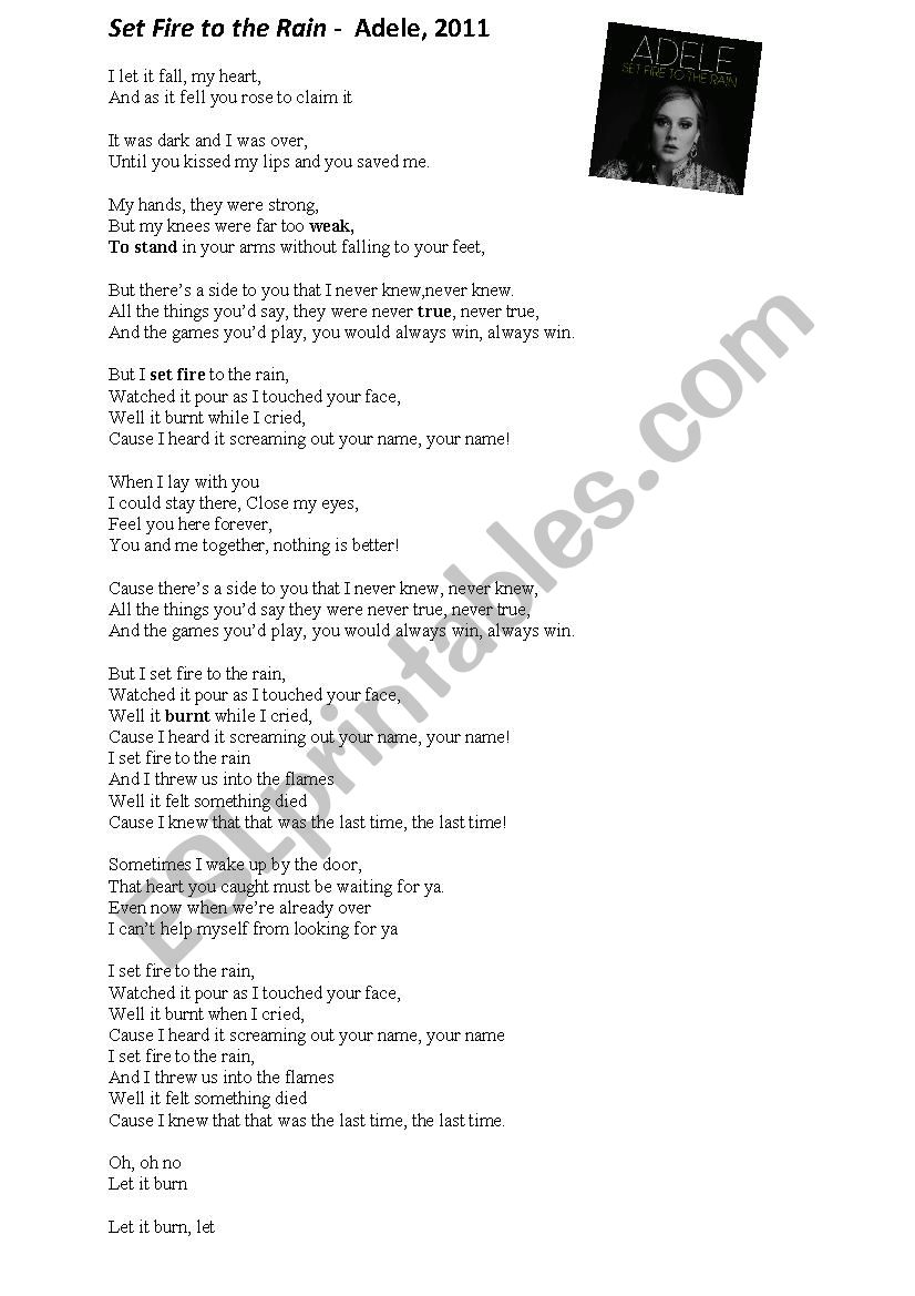 Reading comprehension on the song Set Fire to the Rain by Adele *editable*