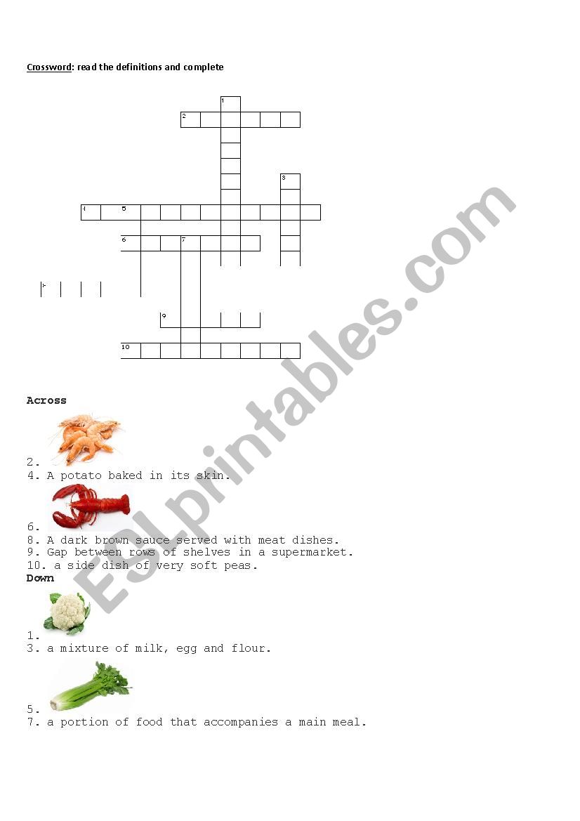 Food crossword worksheet