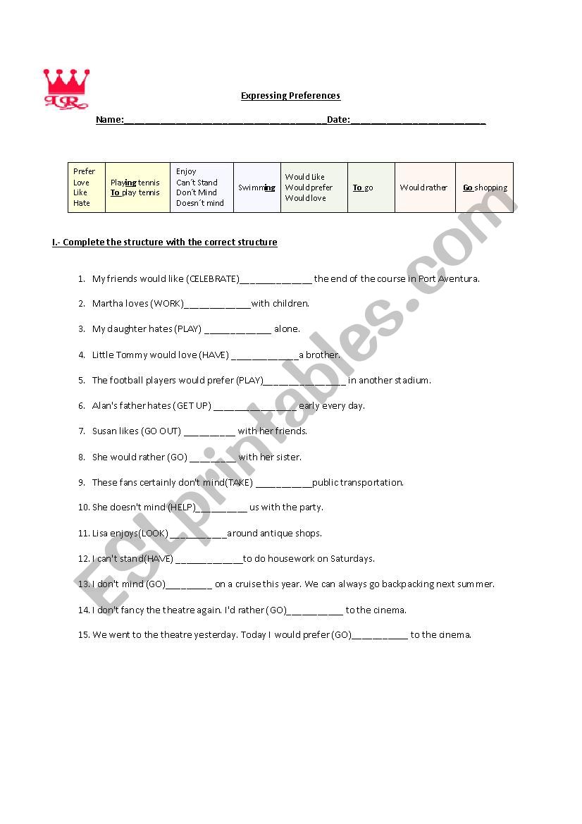Expressing preferences worksheet