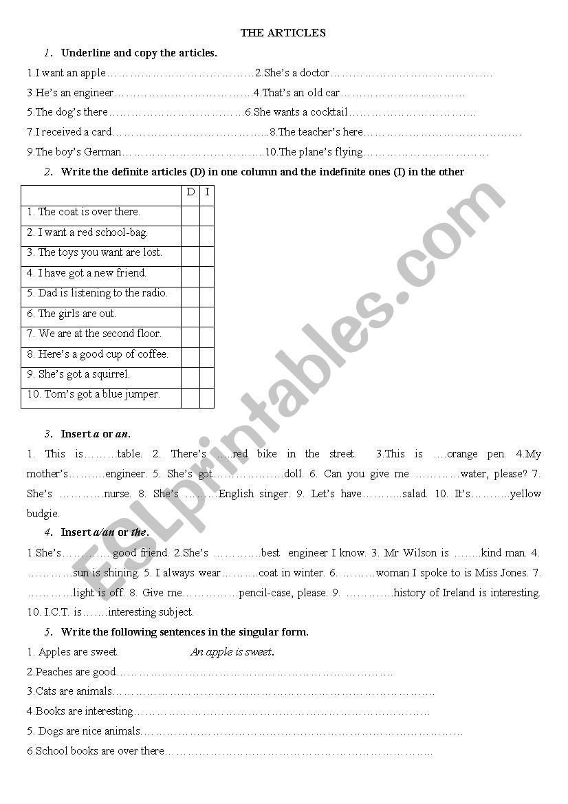 ARTICLES worksheet