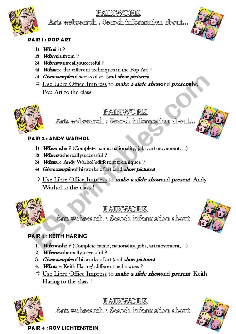 Pop art websearch worksheet