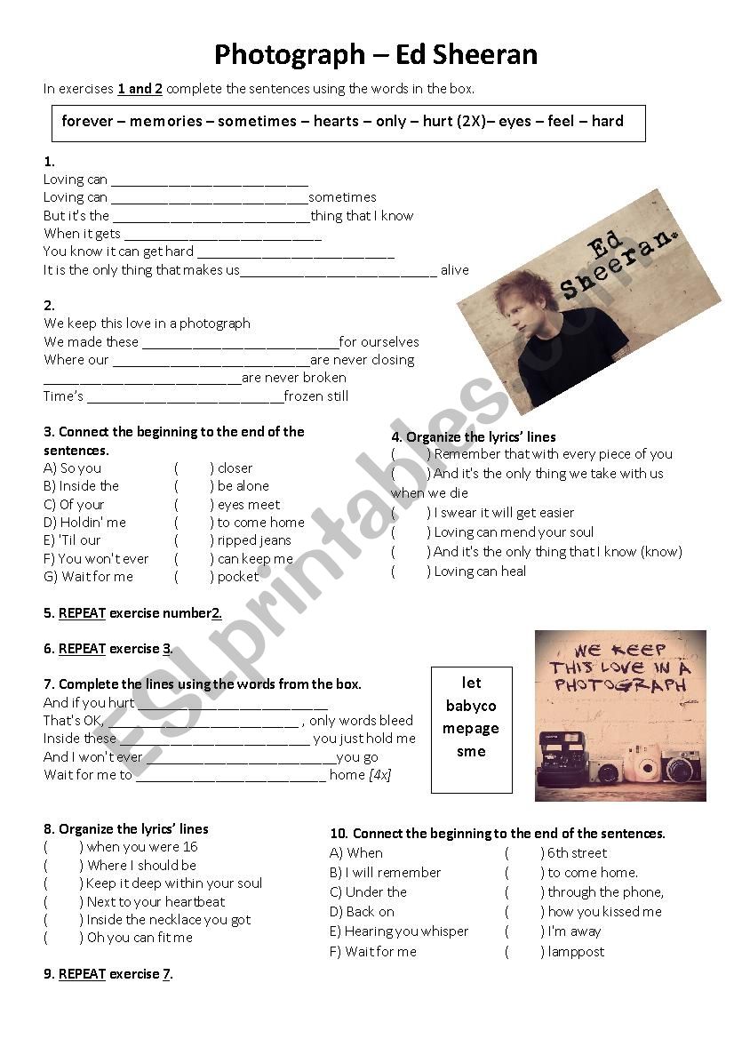 Photograph Song worksheet