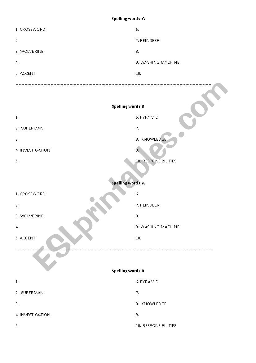 Spelling pair activity worksheet