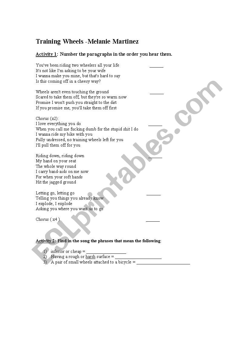 Training Wheels worksheet