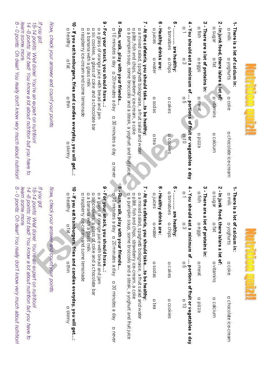 Nutrition quiz worksheet