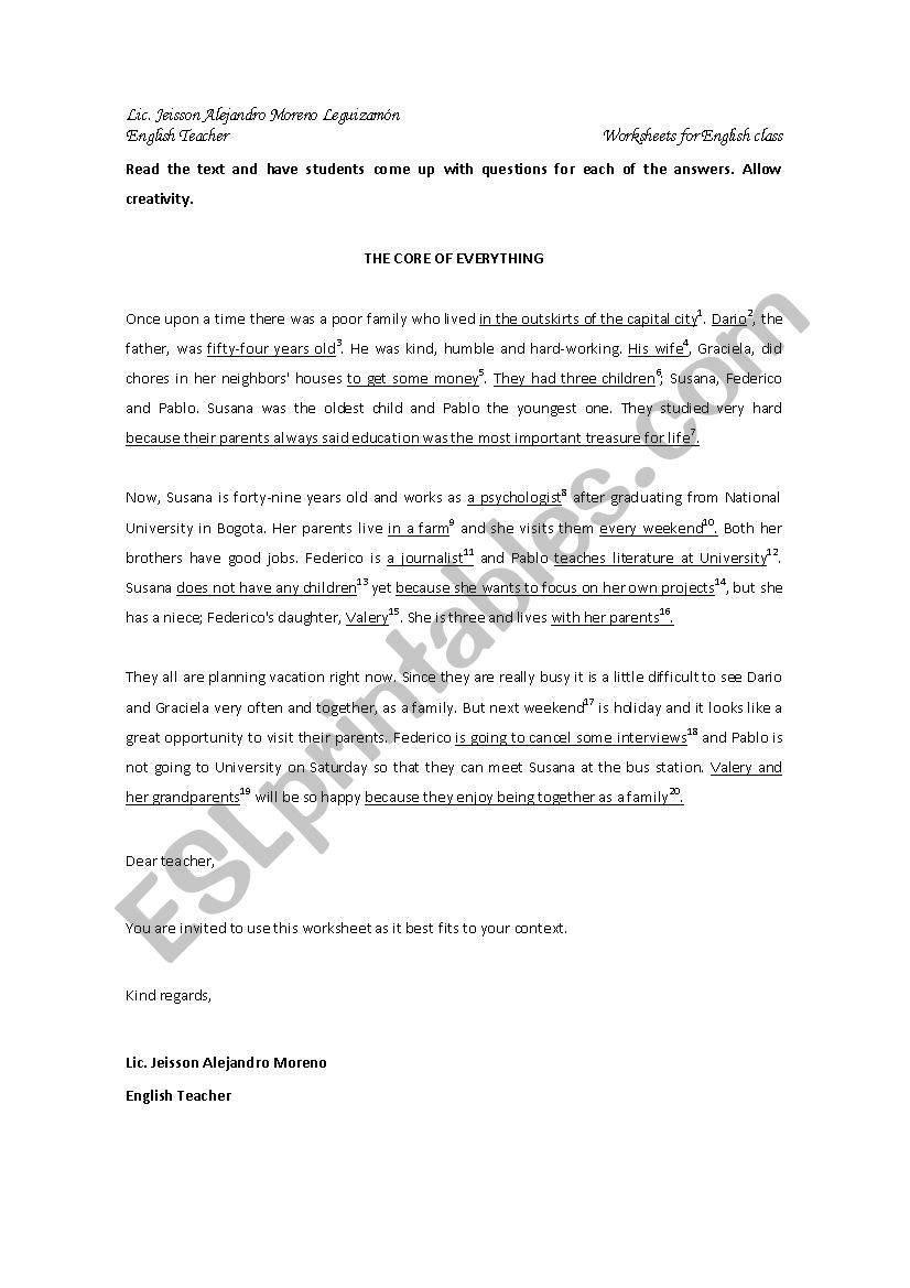 The Core of Everything worksheet