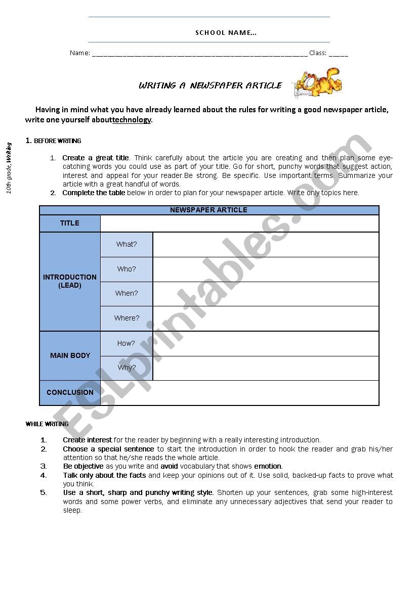 Writing a newspaper article worksheet