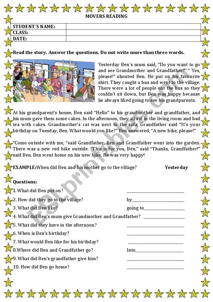 MOVERS READING worksheet