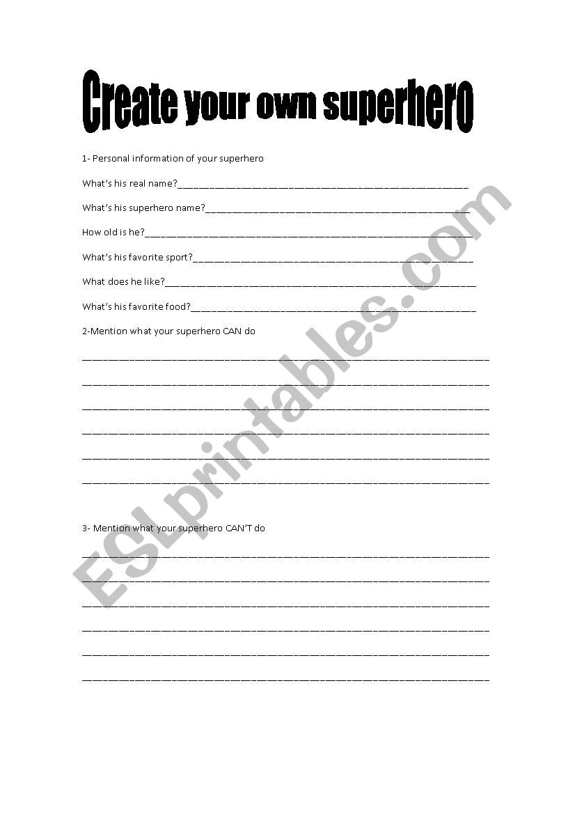 Create your own superhero worksheet