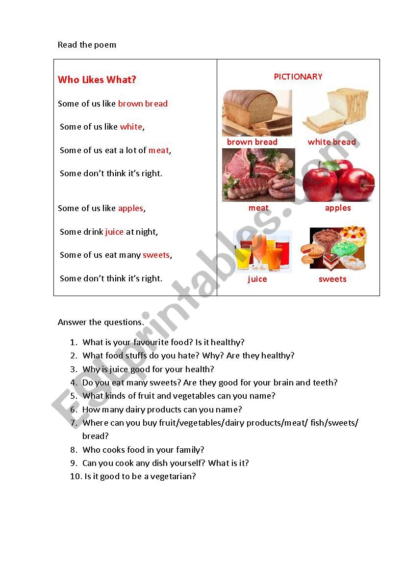 WHO LIKES WHAT? ( a poem) worksheet