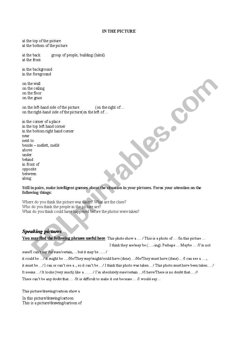 Speaking about pictures worksheet