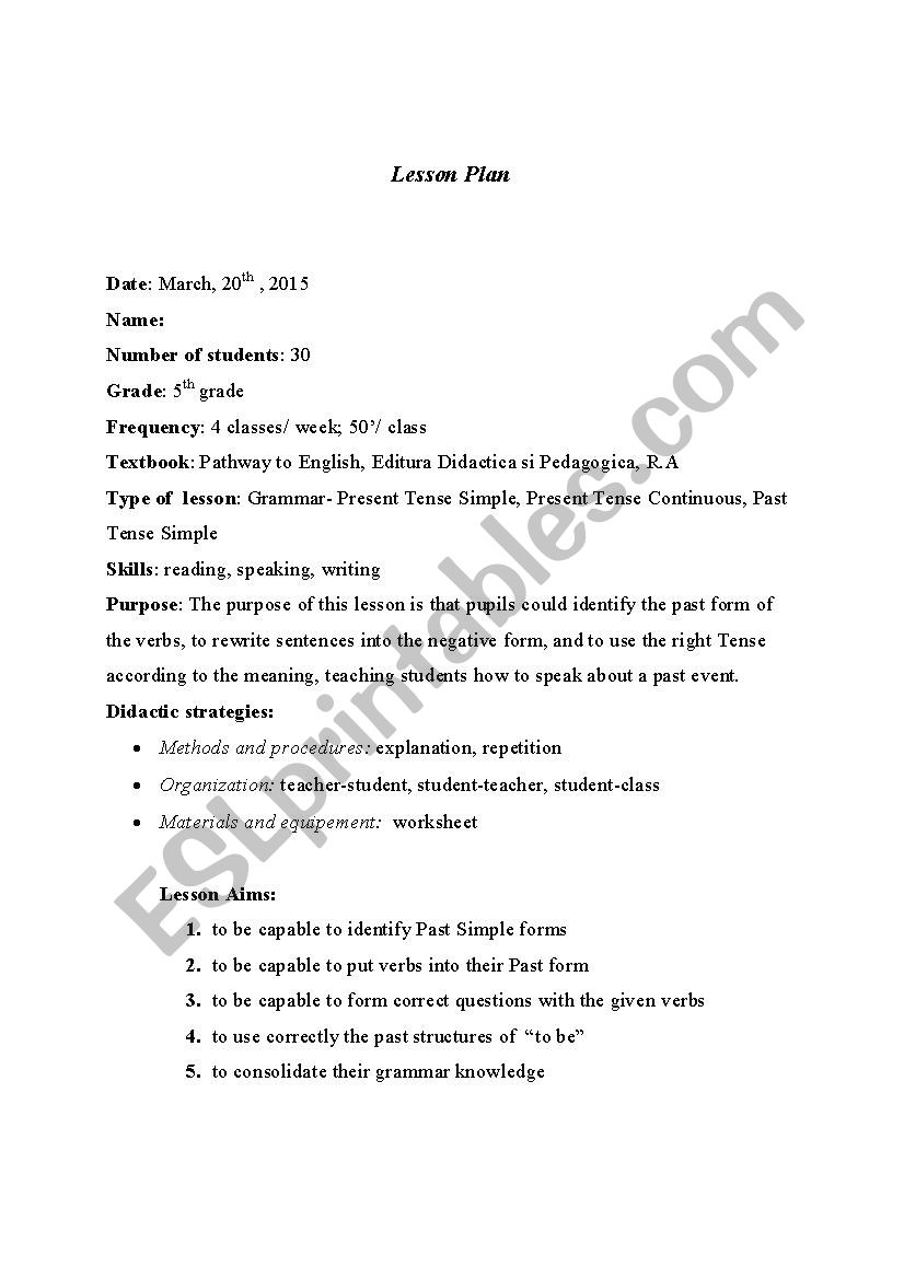 Lesson plan 5th grade worksheet