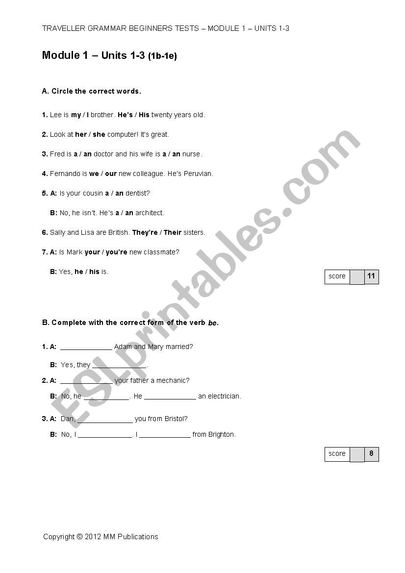 Travellers Beginners Test 1 worksheet