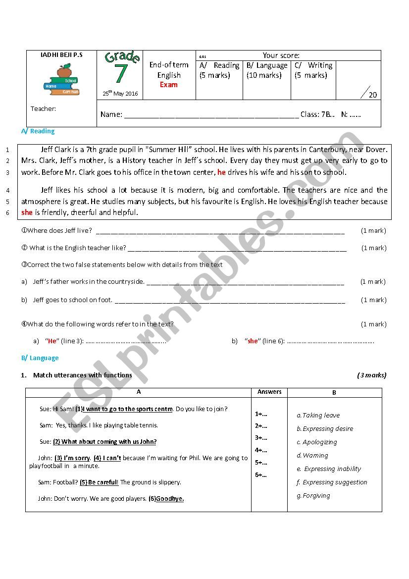 7th form final exam worksheet