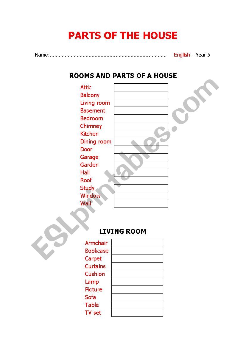 Parts of the house - vocabulary