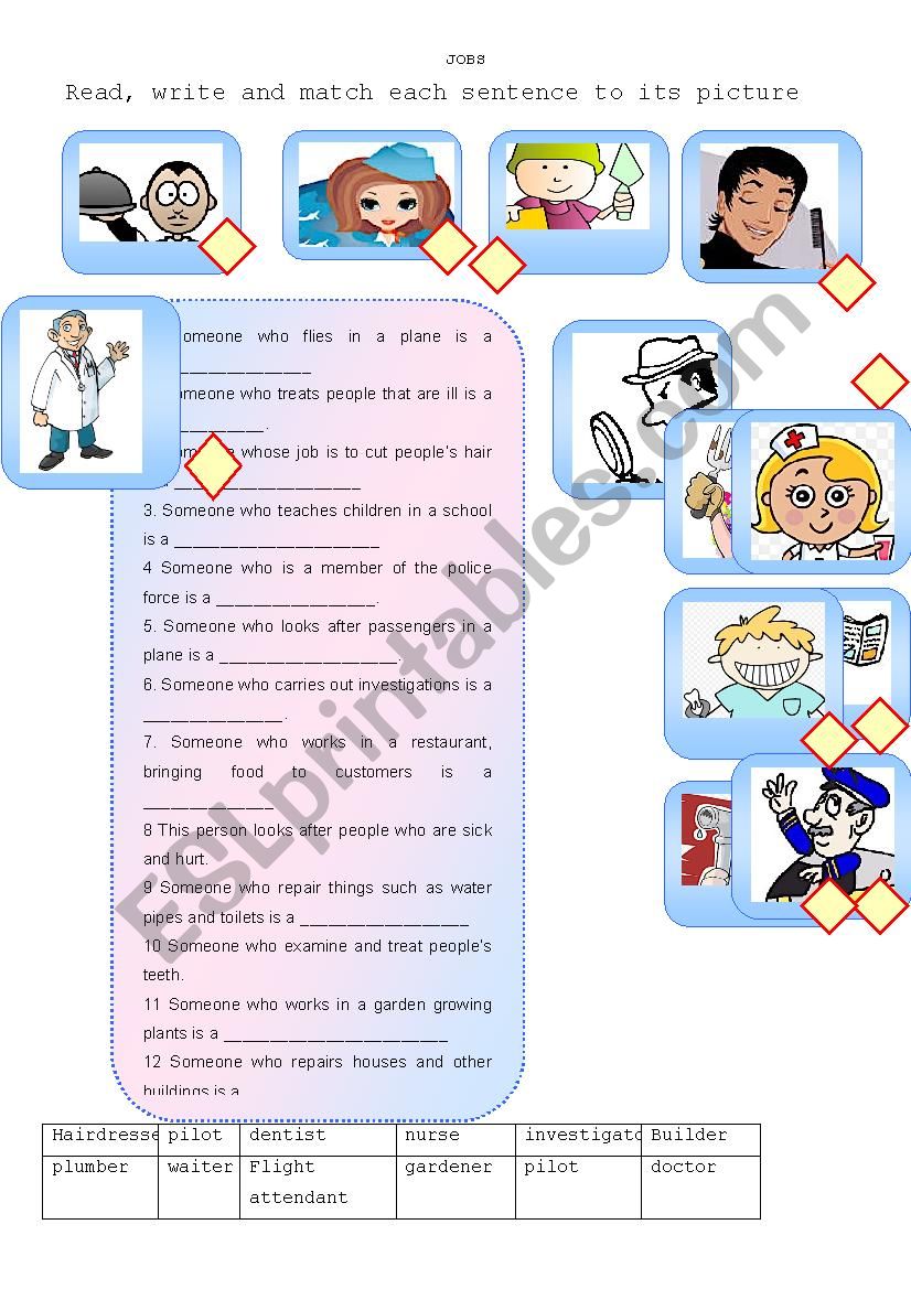 JOBS, READ, WRITE AND MATCH worksheet