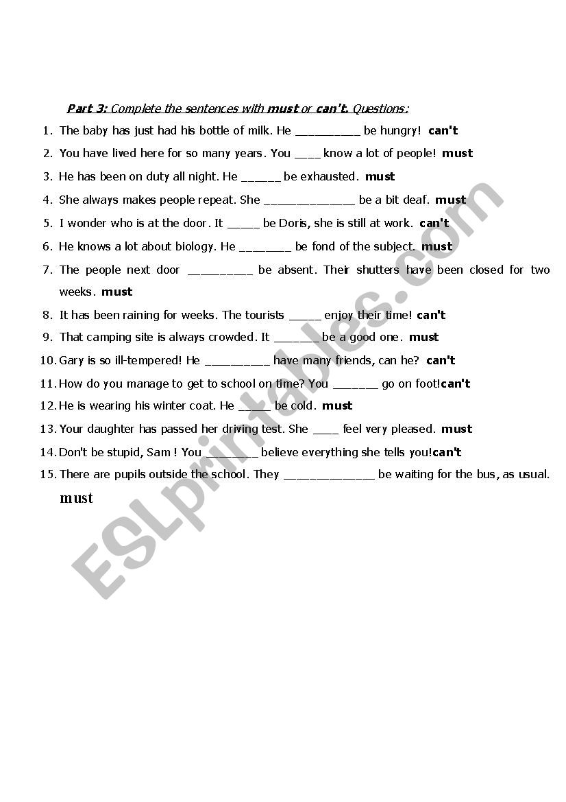 Must - Cant worksheet