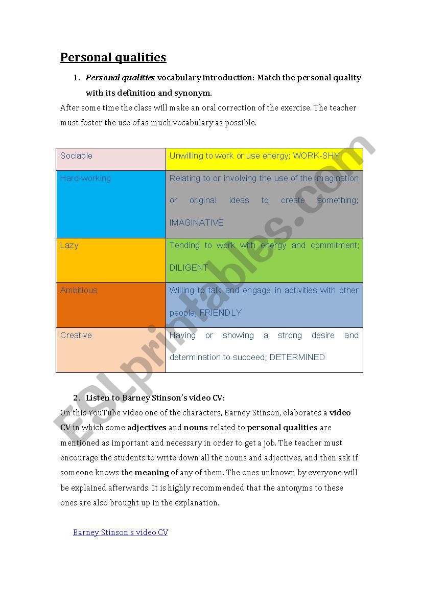 Personal Qualities  worksheet