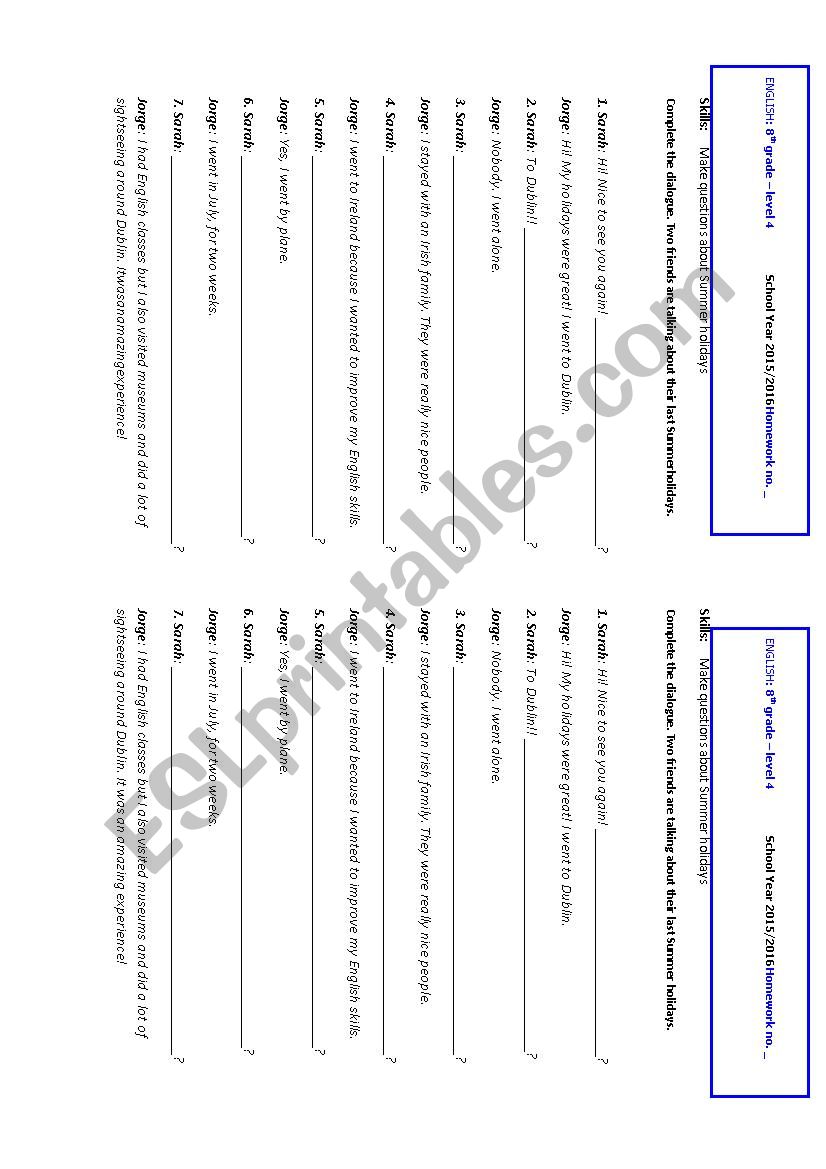 Summer holidays - dialogue worksheet