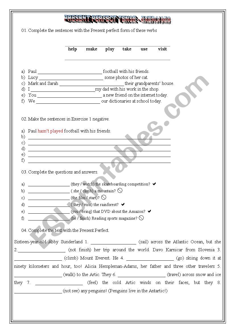 Present Perfect Tense - Exercises