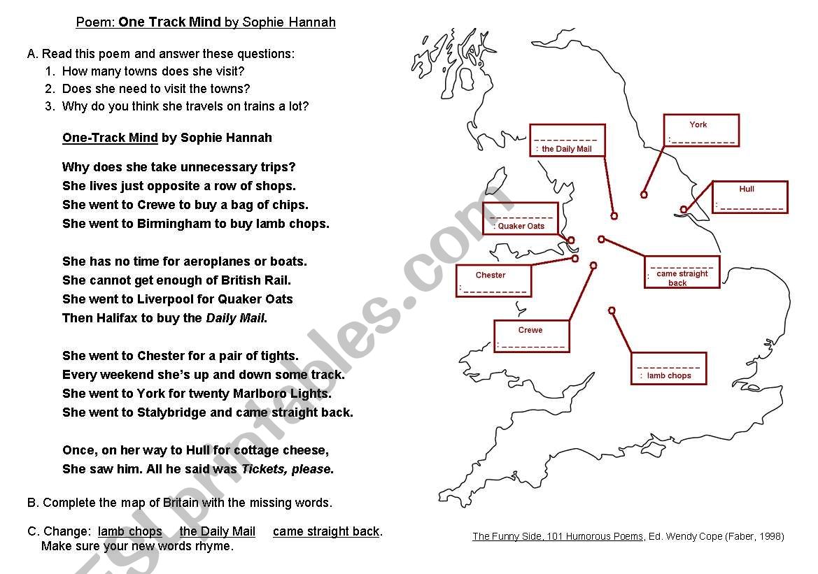 One Track Mind Poem worksheet