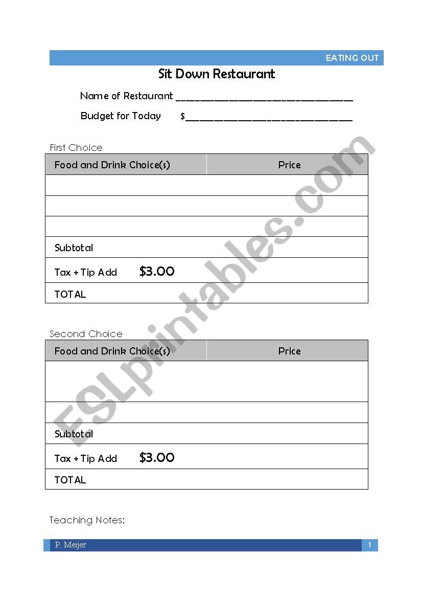 Eating Out Sit Down Meal Planner