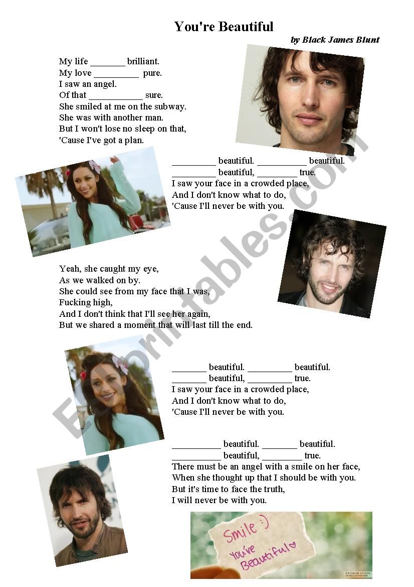 youre beautiful (song) worksheet