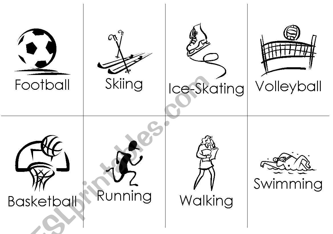 20 Sports flashcards, sport+name, 8up. B&W