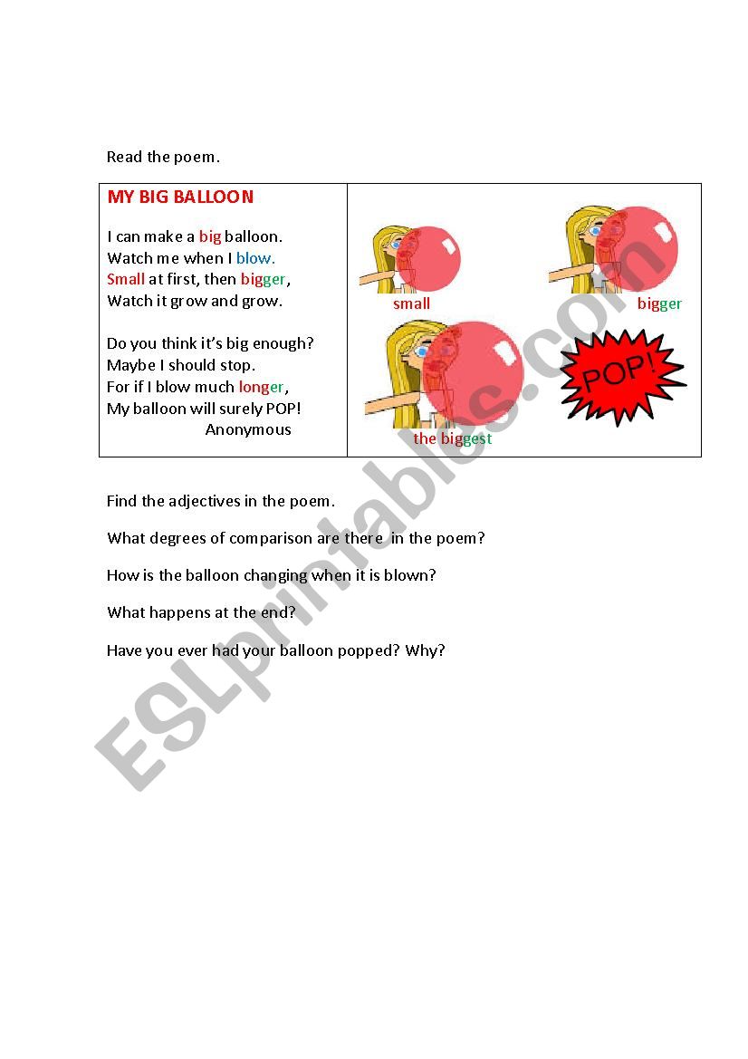 MY BIG BALLOON (a poem) worksheet