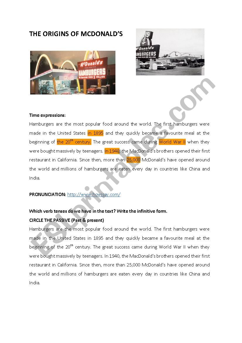THE ORIGINS OF MCDONALDÂ´S worksheet