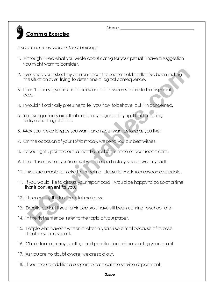 Comma Worksheet worksheet