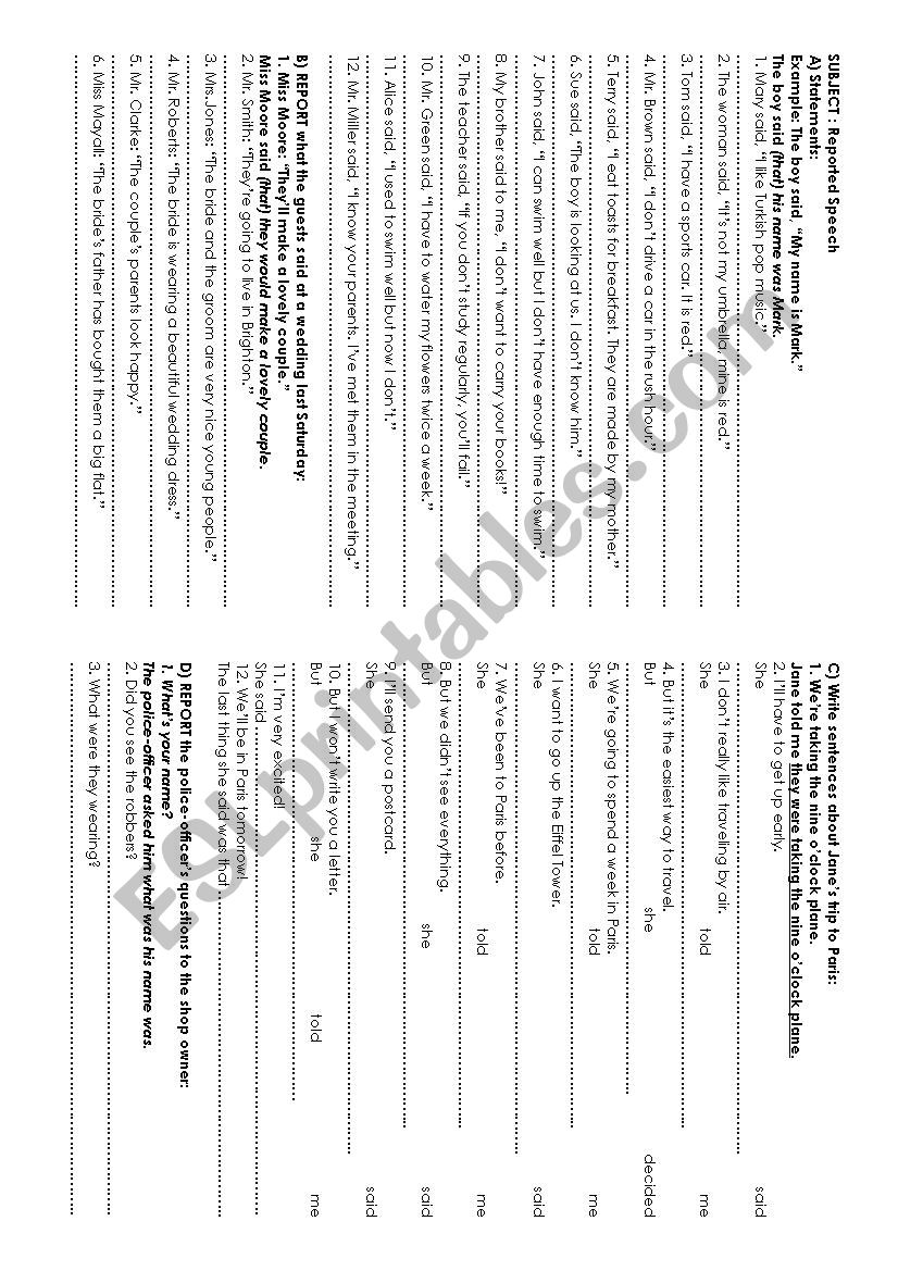 Reported Speech Exercises worksheet