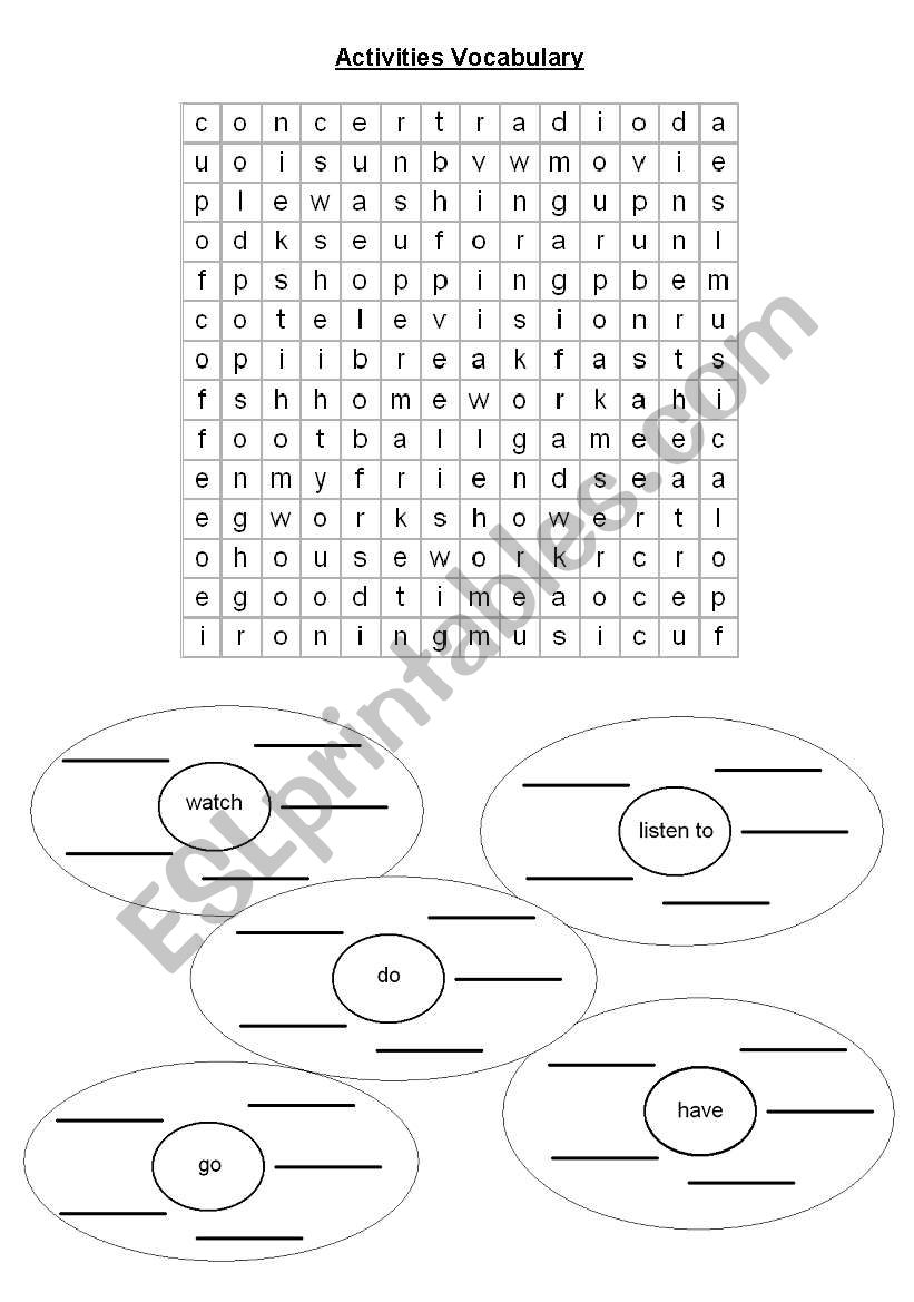 Activities vocabulary wordsearch